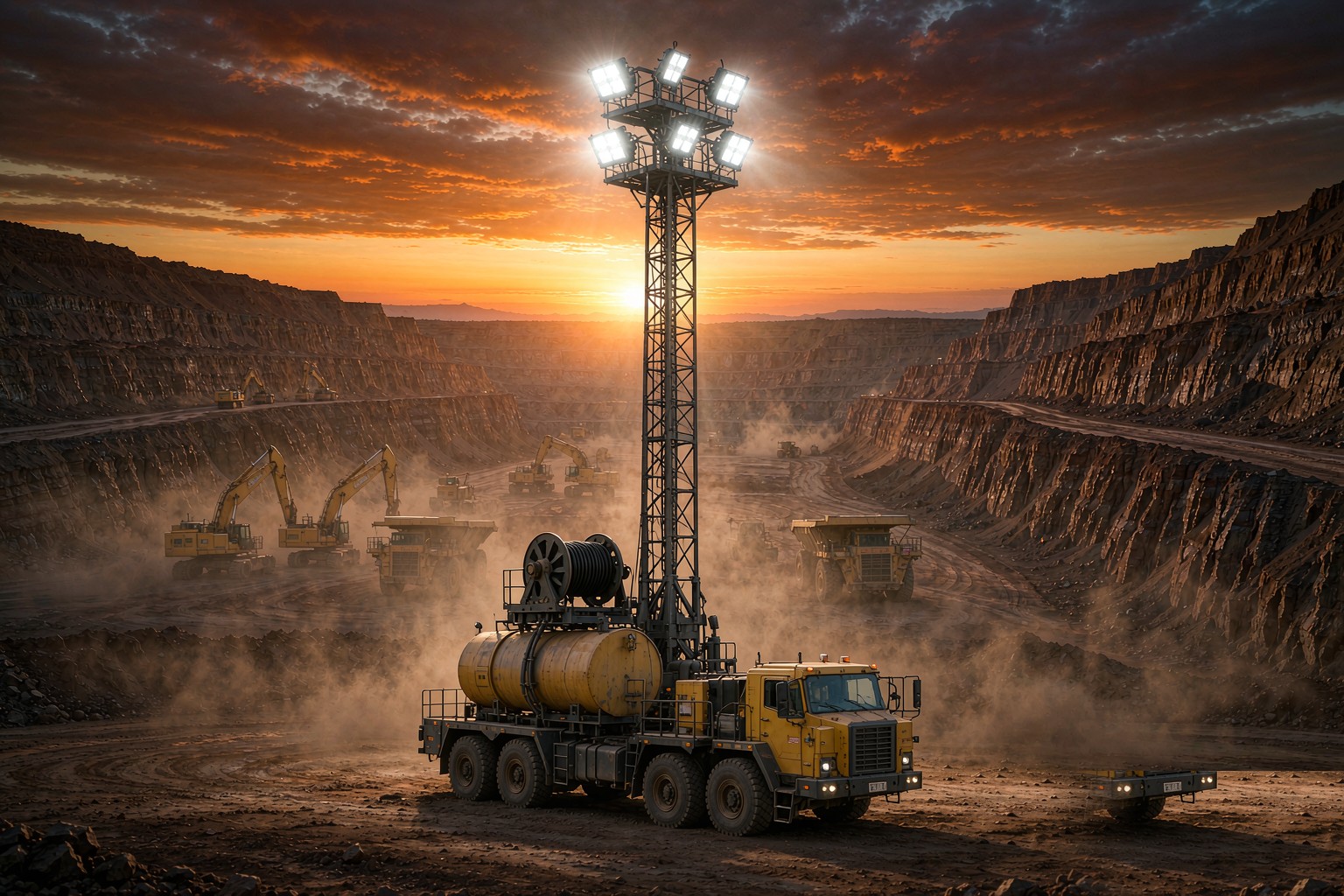 Open-pit mining dusk with heavy-duty diesel light tower — Australia