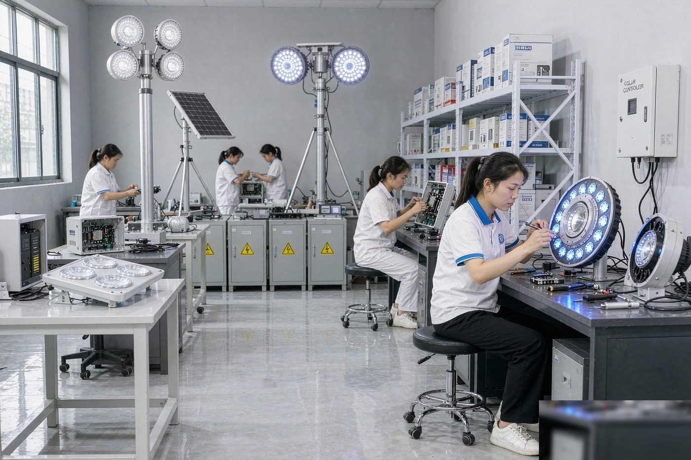Electrical assembly line wiring LED heads and control boxes
