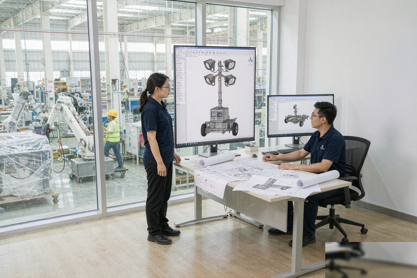 OEM engineering team reviewing 3D CAD model of a mobile light tower