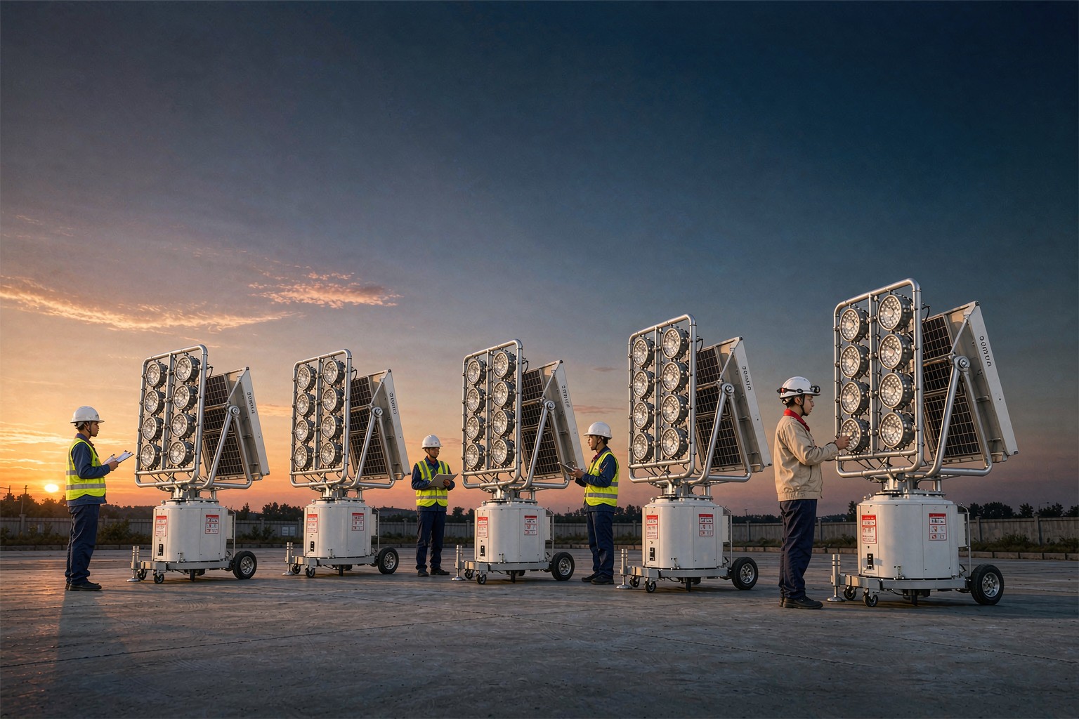 Finished mobile light towers being tested in the factory yard at dusk